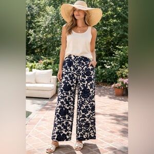 LOFT Marisa 10 Navy Cream Floral Linen Blend Pants Wide Leg Boho Resort Vacation